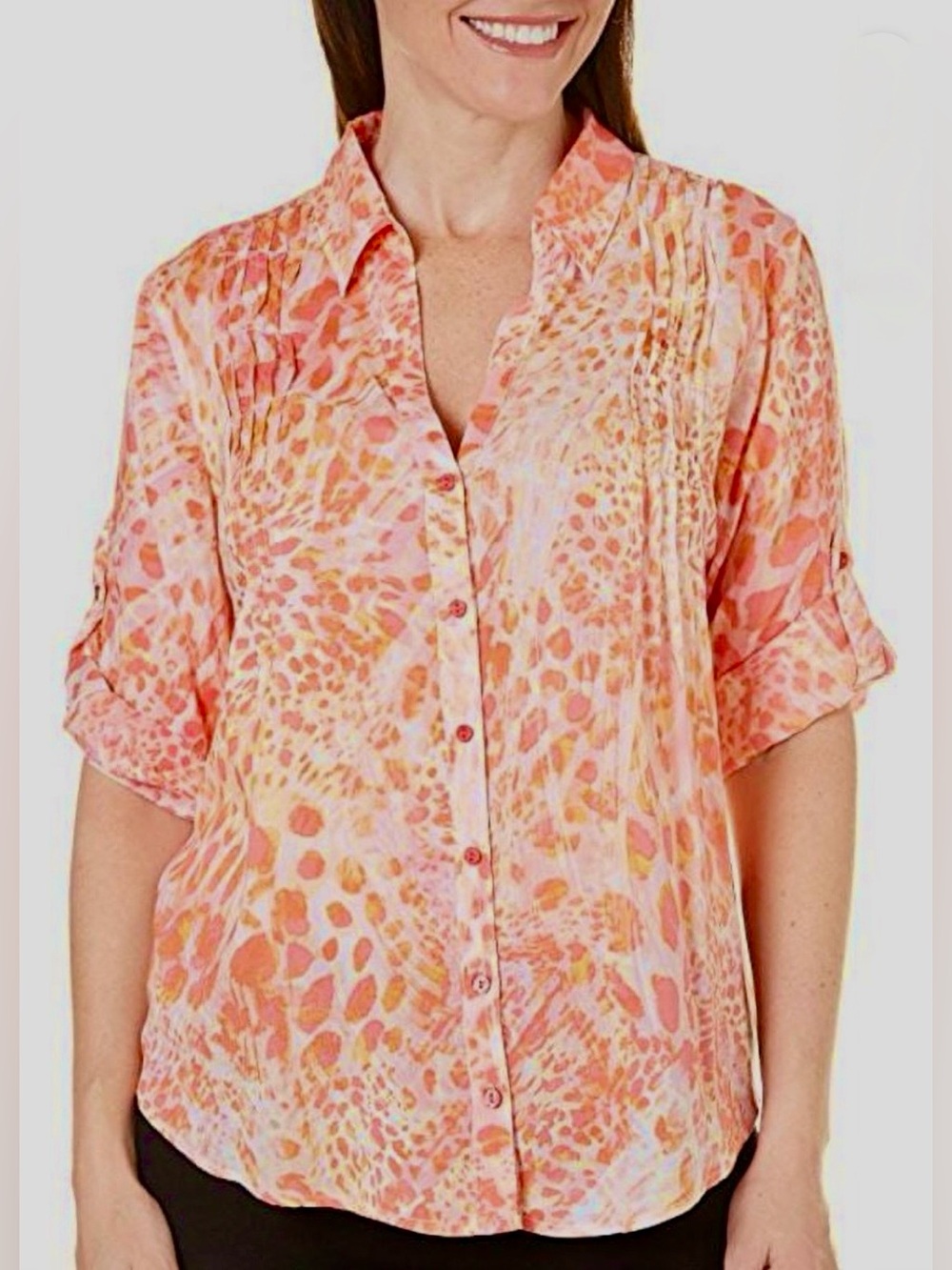 Gloria Vanderbilt “Giselle” Pintuck 
Roll-Tab Sleeve Blouse